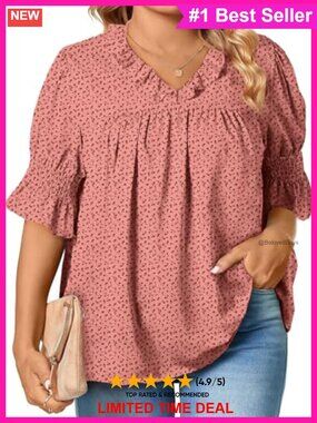 Plus Size Boho Floral Chiffon Blouse Ruffle V-Neck Tunic Top